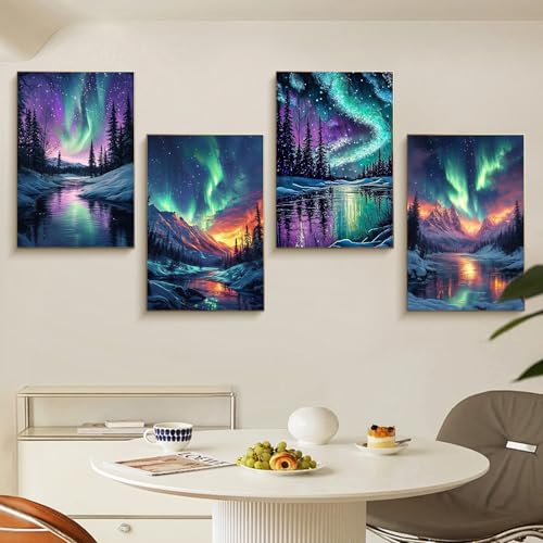 4 Pack Framed Paint by Numbers Kit for Adults Aurora with Wooden Easel | With Frame Canvas 8x12 IN, For Adults Beginner, DIY Acrylic Painting, Stress Relief Craft Kits, Home Wall Decor Gift - color: FOP4P-07