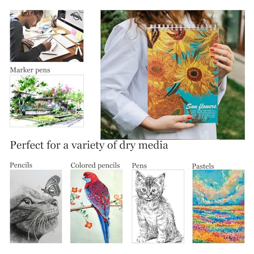 2 Pack Aesthetic Kids Spiral Cute Sketch Book,98lb/160gsm Acid Free Thick Paper Van Gogh A4 Blank Mixed Media Journal Art Sketchbook Artist Drawing Book Paper Painting Sketching Pad - color: Almond Blossoms Sunflowers A4