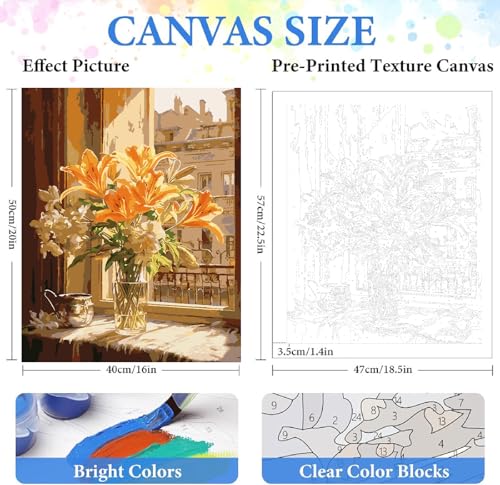 ZRIZQ Flowers Paint by Numbers Kit for Adults Beginner,City Scape,16x20 | Full set with wooden brushes,rolled canvas,rich paints.Calming activity.Beginner friendly.Just open and paint. - color: 16"X20"Rolled Canvas-Floral