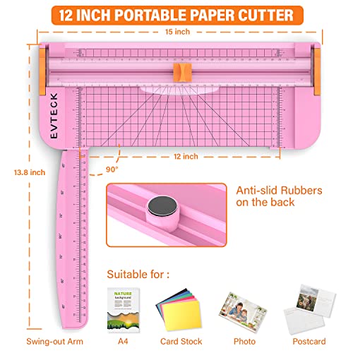 Evteck A4 Paper Cutter Slider Trimmer for Cardstock Photo Vinyl | 12 Inch, with Security Blade and Foldable Ruler, for Crafting Scrapbooking - color: Pink