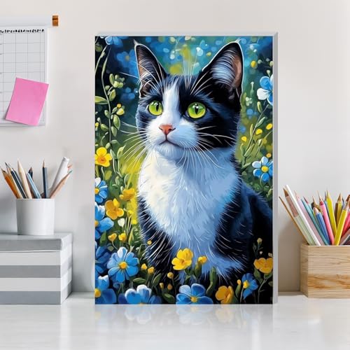 DOMROM Framed Paint by Numbers Kit for Adults Beginners, Animal Cat Paint by Number Kit on Canvas, DIY Oil Painting Kits for Home Wall Decor Gift 20x30cm - color: XBKT111