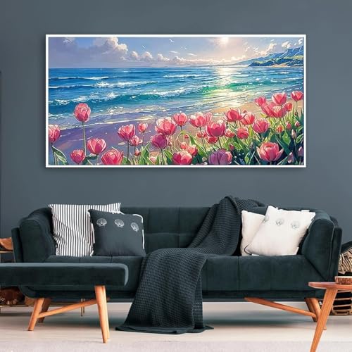 Large Tulip Diamond Painting Kits,Diamond Art for Adults Sunrise Over The Sea Full Round Drill Large Size(27.5 X 15.7inch),Abstract Scenery Paint with Diamonds Crystal Gem for Gift,Wall Decor - color: 25-54 Sunrise Over The Sea