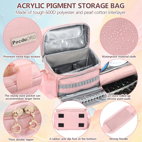 Acrylic Paint and Brush Set Organizer Bag - Carrying Case Compatible with Apple Barrel, Shuttle Art, Caliart Art Supplies - Includes Detachable Paint Brush Holder - for Home/Travel/Outdoor (Pro Pink) - color: Pro Pink