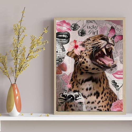 Pink Girly Diamond Art Kits for Adults Diamond Painting Kit for Adults | Coquette Cheetah Girlly Modern 5D Diamond Dots Gem Art Crafts with Tools, Round Full Drill Crafts for Home Wall Decor-12X16in - color: DP02915, size: Round diamond painting