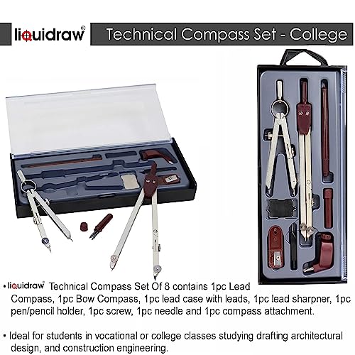 Liquidraw Technical Drawing Professional Set - 8 Piece | Includes Metal Compass With Spring Bow Head Dividers | Ideal Maths Drafting, Geometry Tools for School, Engineering, Architecture & Woodworking