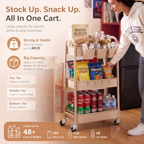 Beige 3 Tier Rolling Cart Metal on Wheels, Three Tiered Storage Organizer Utility Trolley with Wheels for Art, Craft, Baby Diaper Caddy, Snack, Book, Nail, Lash, Cleaning Supplies, Kitchen, Bathroom - color: Light Beige