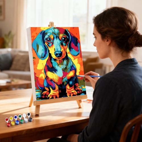 MXJSUA Dachshund Dog Paint by Numbers Kit with Frame for Adults, Animal Easy Beginners Paint by Number on Canvas with Easel, Acrylic Number Painting Craft Gifts for Home Decor, 8x12 inch - color: Dachshund Dog