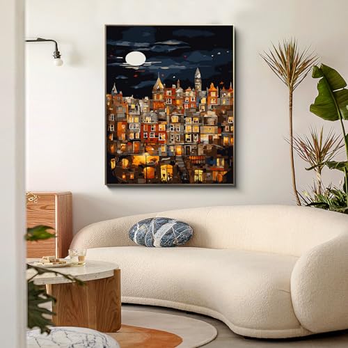 PRASIO Paint by Numbers Kit for Adults Beginner, Moonlight House Adult Paint by Number Kits, DIY Acrylic Paint by Numbers Kit for Adults Canvas for Home Decor Gift 16x20 Inch - color: XM-OP-MoonHouse-4050-2