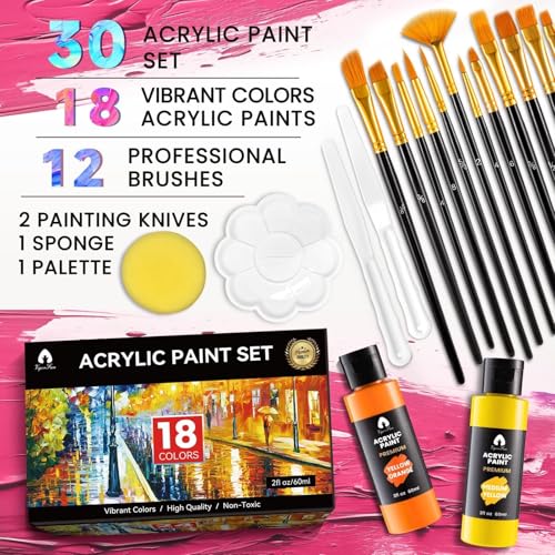34 PCS Acrylic Paint Set with 12 Brushes, 2 Knives and Palette, 18 Colors (2oz/60ml) Art Craft Paints Gifts for Adults Artists Beginners, Halloween Pumpkin Painting Kit Art Supplies - color: Classic, size: 2 Fl Oz (Pack of 18)