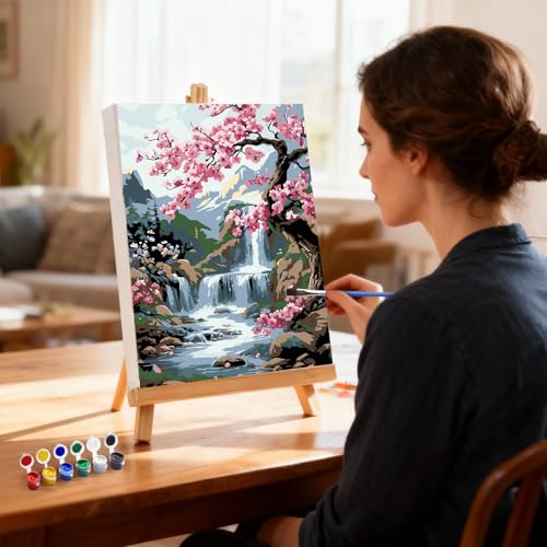 MXJSUA Flowers Tree Waterfall Framed Paint by Numbers for Adults Beginners, Easy Adults' Paint-by-Number Kits on Canvas with Easel, Acrylic Number Painting Crafts Gifts for Home Decor, 8x12 inch - color: Flowers Tree Waterfall