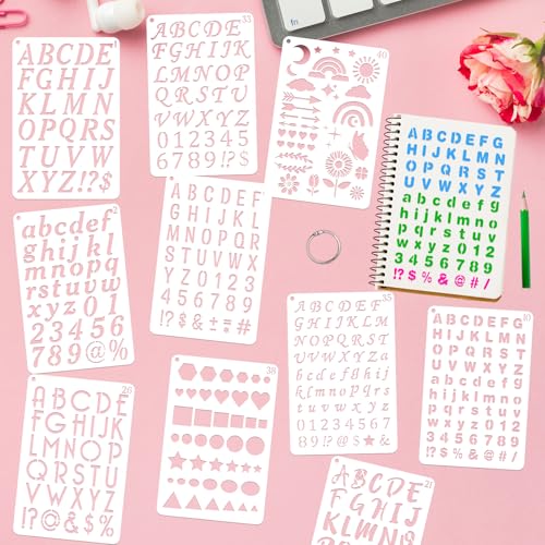 BAMIDELE Letter and Number Stencils for Painting - 40 PCS Small Alphabet Stencils (1, 0.75, 0.5, 0.35 Inch) for Crafts, Wood, Cakes - Reusable Plastic Bullet Journaling Letter Stencil (7.5 x 5 Inch)