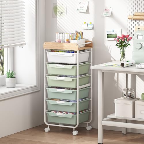 SYKIARIOL 6 Drawer Rolling Cart for Craft Storage,Utility Drawer Cart,Green | Organizer with Handle and Wooden Top,Storage on wheels for Office,Classroom,Laundry,Garage,Snack,Art Supply - color: Green, size: 6-Drawer