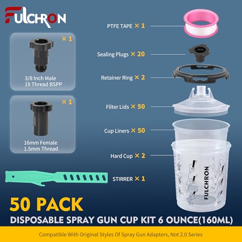 Disposable Paint Cups For Spray Gun, 20oz 125-Micron Mixing Cup With Lids | Fulchron 50PCS Paint Cup Liners with Lids, 2 Hard Cups & Adapters, Ideal for HVLP/LVLP Spray Gun 360° Spray & Less Cleanup - size: 20 ounce