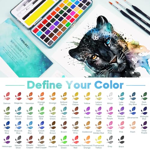 TAVOLOZZA 50 Colors Watercolor Paint Set, Including Metallic & Fluorescent Colors, Travel Watercolor Set with Brushes, Watercolor Paper, Sponge and Accessories, Ideal Art Supplies for Adults Starter Artists - color: 42 base+8 effect colors