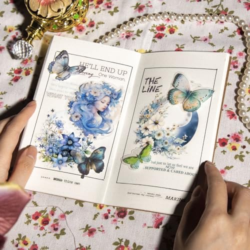 120Pcs Moon Floral PET Stickers, Scrapbook Stickers Kit for Journaling, Ephemera Packs for Junk Journals - color: Moonlit Garden