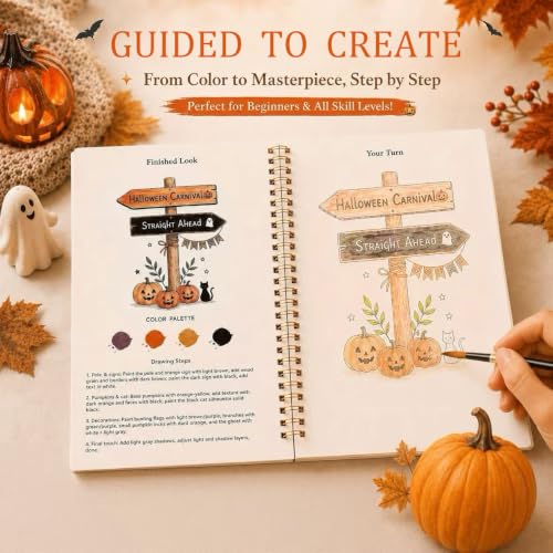 Halloween Pumpkin Watercolor Workbook, 16 Colors, 3 Brushes | Pre-sketched Pumpkin & Ghost Art on 300GSM Paper - No Bleed, Spiral Flat - 16 Paints & 3 Brushes - Great Gift for Beginners - color: TRICK ORTREAT