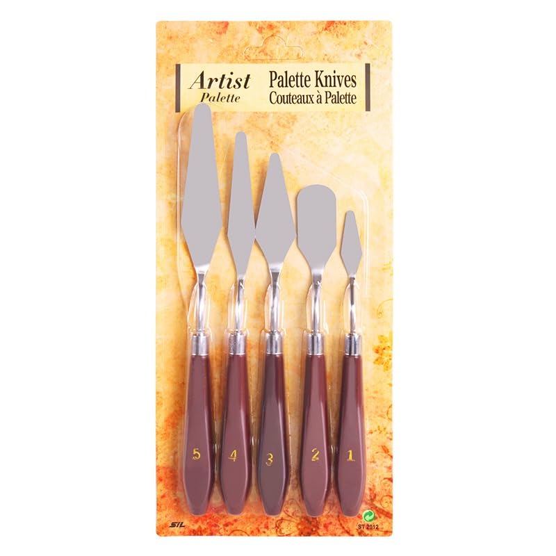 PUFUAII 5 PCS Painting Knives Stainless Steel Spatula Palette Knife Oil Painting Accessories Color Mixing Set for Oil, Canvas, Acrylic Painting (drak brown) - color: Brown