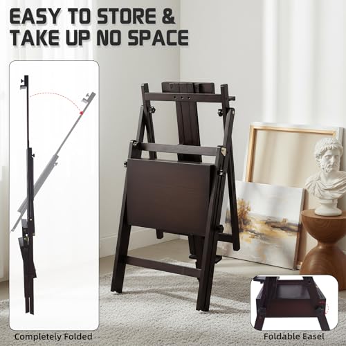 Beech Wood H-Frame Easel for Painting with Tray & Drawer, Walnut | Heavy-duty Floor Adjustable Height & Angle Studio Art Easel Stand, Holds 30"-50" Canvas, Foldable Painting Easel for Adults - color: Walnut