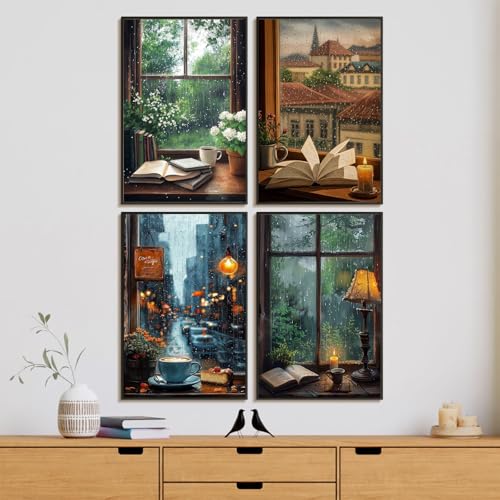 4 Pack Framed Paint by Numbers Kit for Adults Window View, Wooden Easel | With Frame, Book Lovers DIY Acrylic Painting, For Adults Beginner, Stress Relief Craft Kits, Home Wall Decor Gift, 8x12 IN - color: YOP4P03