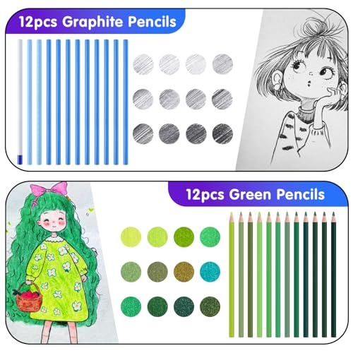 Professional Drawing Set,12 Colored Pencils,12 Graphite Pencils,Eraser,Case | Portable Travel Colored Pencil Case,Sketching Shading Blending Art Supplies,Gifts for Artists Adults Beginners.Green Black - color: Set-Green