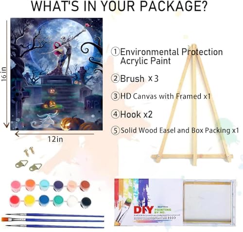 MIRCVSH Halloween Paint by Numbers for Adults with Framed Canvas-with Wooden Easel,Paint by Number on Canvas,DIY Acrylic Oil Painting Kits with Brushes Nice Gift Box for Home Wall Decor(12x16 Inch) - color: DKMT0912