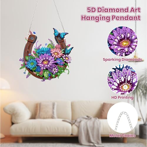 MOGTAA Horseshoe Diamond Art Hanging Kits for Adults, DIY Double Sided Flowers Diamond Art Suncatchers, 5D Special Shape Diamond Painting Butterfly Pendant Window Ornament Gifts for Home Decor - color: Horseshoe