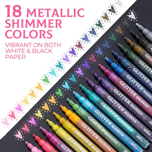 18 Metallic Colors Glitter Markers, Acrylic Paint Markers 2mm Medium Tip | Water-Based,Non-Toxic Ink Glitter Paint Pens for Adults Rock Painting, Fabric, Cards, Journaling & DIY Crafts - size: 18 Count (Pack of 1)
