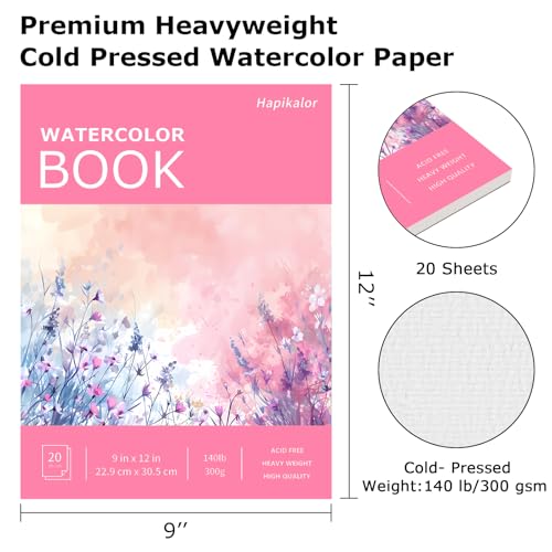 Hapikalor Watercolor Paper Pad, 9"x12" Water Color Paper, 140lb/300gsm Pink | Artist Painting Drawing Paper Book, Art Supplies for Adults Kids, Watercolors, Watercolor Paint Set, Sketchbook, Journal - color: Pink, size: 9" x 12" Pad