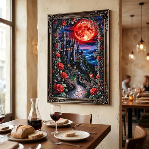 Diamond Art Kits for Beginners, 5D Diamond Painting Blood Moon Dark Fantasy Rose Castle, Diamond Art Kits for Adults, DIY Full Drill Round Gem Art Crafts Paintings for Home Wall Decor 12X16 inch - color: Dark Fantasy Castle