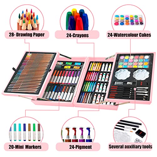 KINSPORY Art Set, 139 Pack Painting Drawing Art Supplies Kit with 2 Sketch Pads, Deluxe Double Layers Art Set Crafts, Colored Pencils, Oil Pastels, Watercolor Paints, Gift for Artists Kids (Rose Pink) - color: Rose Pink