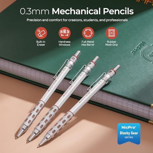 Nicpro 3 Pack Blocky Gear 0.3 mm Metal Mechanical Pencils Set with Case | Lead Drafting Pencil with 8 Tube (480PCS) Lead Refills, 4 Erasers, 18 Eraser Refills for Art Writing, Sketching Drawing - style: 0.3mm