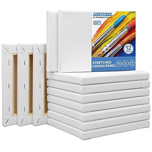 FIXSMITH Stretched White Blank Canvas- 5x7 Inch,Bulk Pack of 12,Primed,100% Cotton,5/8 Inch Profile of Super Value Pack for Acrylics,Oils & Other Painting Media. - size: 5"x7"-12Pack