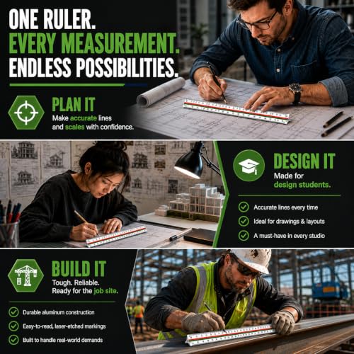 OCM 1 Triangular Architect Scale Ruler (Professional Grade Solid Aluminum) Color Coded 12 Inch Architectural Scale (Imperial Measurements) - Ideal for Architects, Engineers, Draftsman and Students