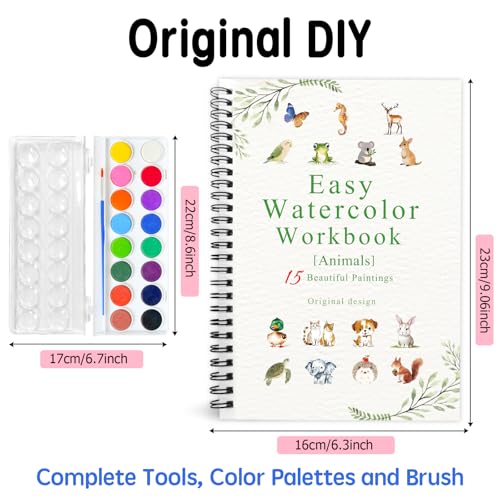 SLWBZ Watercolor Workbook Animals, 15 Different Patterns of Original DIY Designs, 16 Color Watercolor Paint Plates with Palette and Brush, Beginner-Friendly Watercolor Workbooks, Animals - color: Animal, size: with palette