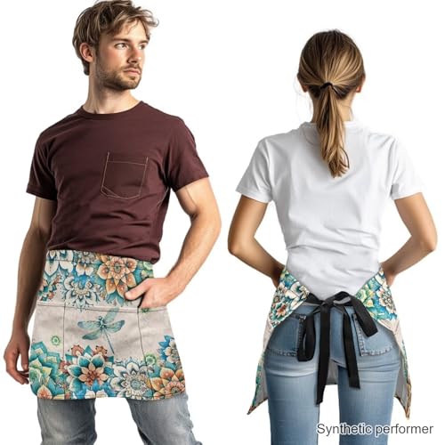 Waist Apron with 3 Pockets Waterproof 13 Inch Short Half Waist Aprons Women Men Server Aprons Waitress Waiter Apron - color: Dragonfly