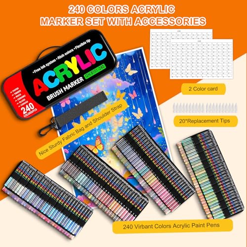 240 Colors Soft Brush Tip Acrylic Markers Set, Paint Pens for Rock, Wood, Fabric, Canvas, Glass, DIY Crafts, Waterproof Paint Markers, Vibrant Acrylic Pens for Artists and Art Projects (BAG) - color: 240 colors BAG