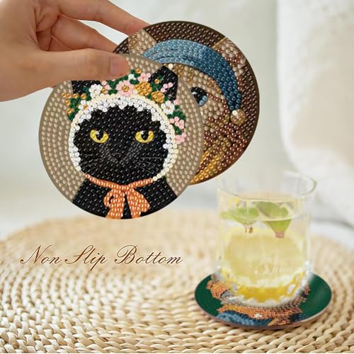 gganmtere 8 Pcs Funny Cat Diamond Painting Coasters Kits Set,Cat Diamond Art Coasters with Holder,5D DIY Full Drill Diamond Dots,Adult Diamond Art Kit Gift - color: JXBD56