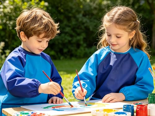 2 Pack Kids Art Smock Waterproof with Long Sleeve and 3 Roomy Pockets Artist Children Aprons for Toddlers Age 3-8 Painting Crafts(Blue) - color: 2 Pack Blue