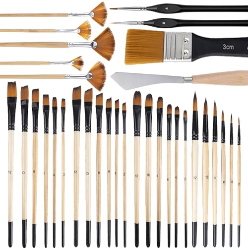 33 Pieces Paint Brush Set, Artist Series, Nylon Bristles with Round, Filbert, Flat, Fan, Angle, Detail Brush, Palette Knife,Suitable for Artists and Beginners for Acrylic Painting, Oil, Watercolor..