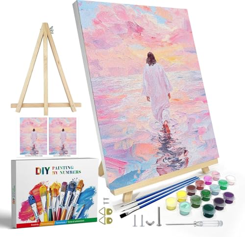 Jesus Paint by Numbers Kit for Adults Framed Canvas, with Wooden Easel | Jesus Christian Number Artist Paint by Number on Canvas, DIY Acrylic Oil Painting Kits for Home Decor 9.45x11.8in - color: YH02644