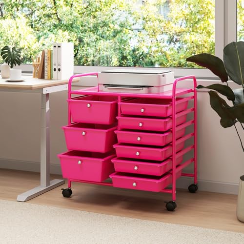 9 Drawer Rolling Storage Cart, Rolling Cart with Drawers for Classroom, Art Supply Craft Organizer on Wheel with Metal Frame & Handles for Home Office School - color: Hot Pink, size: 9 Drawer