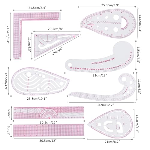 Fashion Clear Metric Sewing Ruler Set, French Curve Pattern Ruler Kit for Beginners Tailors Designers (A-9-Piece Set) - color: A-9-Piece Set