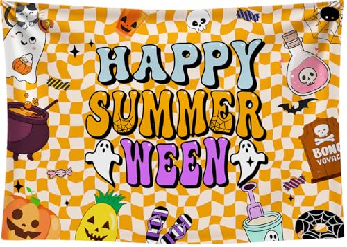 8x6FT Summerween Backdrop Happy Summerween Halloween Ghost Magic Pot Tombstone Background for Boy Girl Women Summer Halloween Party Decorations Vinyl