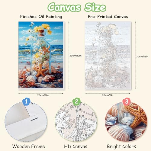 Spandrel Framed Beach Paint by Numbers Kit for Adult Beginner, Drift Bottle Adult Paint by Number Kits on Canvas, DIY Acrylic Oil Easy Starfish Painting by Numbers for Home Wall Decor, 8x12In - color: Beach / Drift Bottle / Starfish / Seashells / Flowers