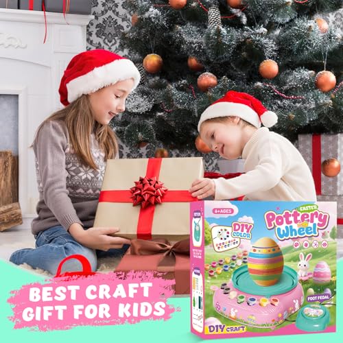 Pottery Wheel for Kids with Air Dry Clay Kit, 12 Paints & Tools, Ages 6-12 | No kiln needed: shape on the electric wheel, air-dry & paint. Gentle beginner speed; kit adds 3 clay packs, tools & apron - color: pink/cyan