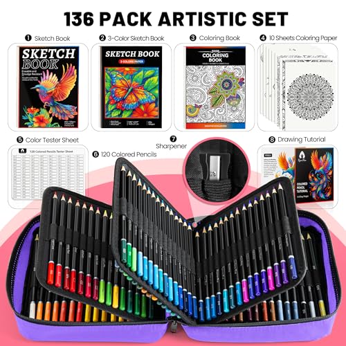 136 PCS Colored Pencils Set for Adult Coloring Books, 120 Colored Pencils | with Sketchbook, Coloring Book, Sharpener, Tutorial, Soft Core Sketching Drawing Pencils, Art Supplies for Adults Artists - color: Purple