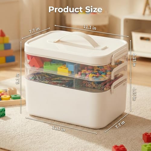 13.3 QT Art Supply Storage Organizer, 3-Tier with Removable Trays | Large clear stackable craft case with removable trays, adjustable dividers and carry handle for markers, beads and toys - color: 3 Layer-White