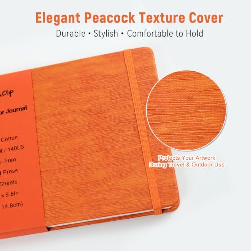 CuppaClip Leather Watercolor Journal, 300gsm/140lb 100% Cotton Cold Press Water ColorPaper, 20 Sheets Acid-Free Watercolor Sketchbook Art Notebook for Painting, Drawing, Travel (Orange, 8.3x5.8in) - color: Orange, size: 8.3x5.8in