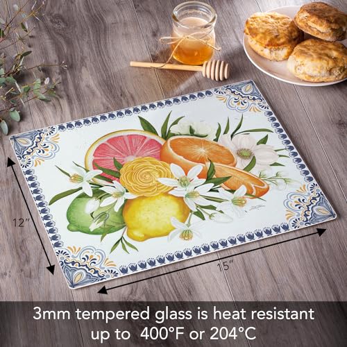 CounterArt Mediterranean Citrus Tempered Glass Cutting Board 12" x 15" | 3mm Thick, Serving Board, Charcuterie Board - color: Mediterranean Citrus