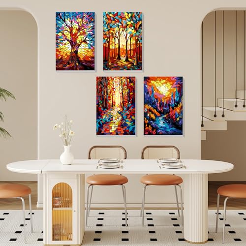 MISCER 4 Pack Framed Paint by Numbers Kit for Adults Beginners, Adult Paint by Number Kits On Canvas with Easel, Tree Sunset Easy Framed Paint by Numbers for Beginner Gift Home Wall Decor 8x12 inch